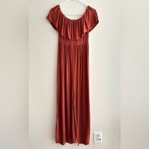 boohoo Stretch Midi Dress, Ruffled Off the Shoulder Sleeves, Burnt Orange,Size 6